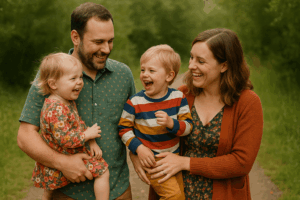 Eine Familie mit zwei Kleinkindern beim Familienshooting mit kunterbunten Outfits