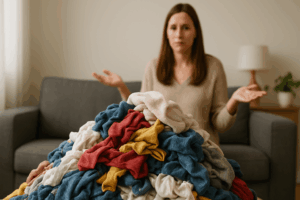 Eine Frau sitzt fragend vor einem Wäscheberg 