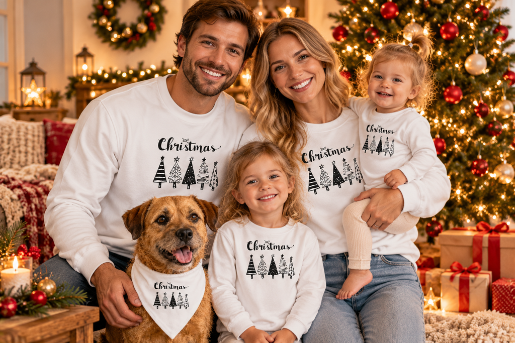 fröhliches familienfoto vor dem weihnachtsbaum
