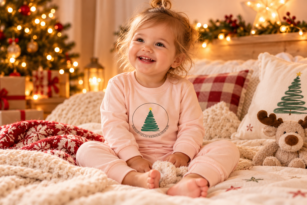 fröhliches weihnachtskind im gemütlichen bettnest