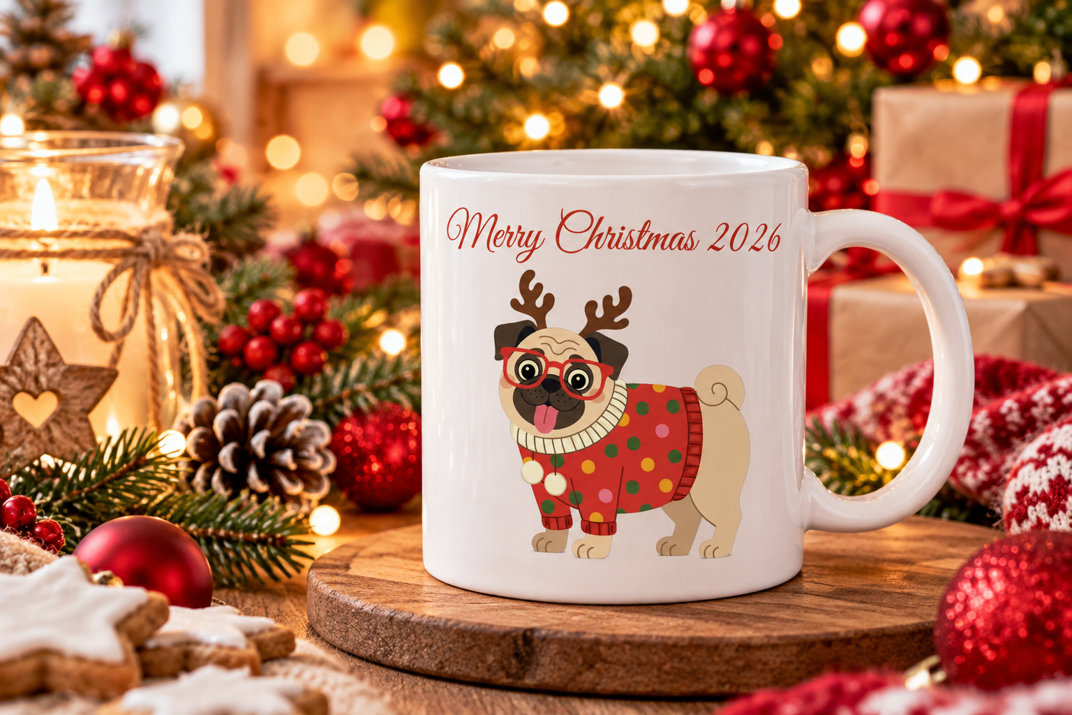 Weihnachtstasse mit Weihnachtsmops-Motiv als kreative Geschenkidee zu Weihnachten 2026